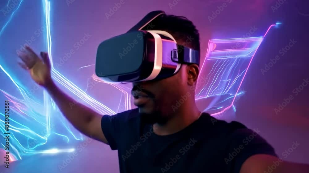 Aufkleber a man wearing a virtual reality headset interacts with a digital environment filled with vibrant neo