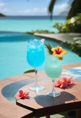 A blue lagoon cocktail on a poolside table, with tropical flowers around and the midday sun reflecting off the water.