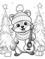 Fototapeta premium A cute cartoon raccoon wearing winter , playing guitar in front of Christmas trees and presents coloring page for kids with crisp lines and white background