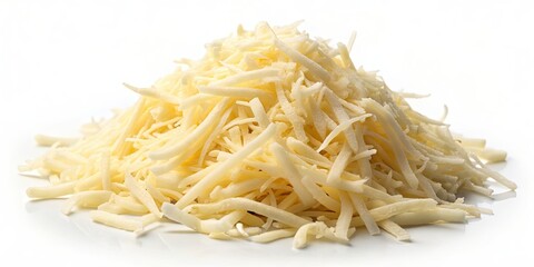 Close-up of grated mozzarella cheese on a white background, grated, mozzarella, cheese, food, ingredient, dairy, cooking