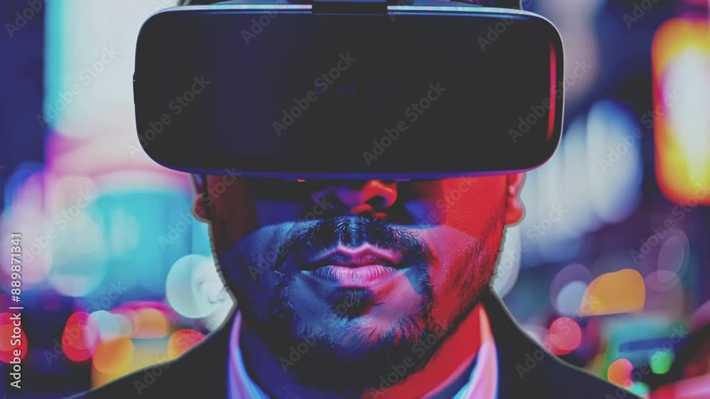 Poster a man wearing a vr headset stands in a city setting at night, illuminated by colorful lights.