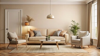 Fototapeta premium Cozy beige room interior with a comfortable sofa and chair, room, chair, sofa, beige, interior, cozy, comfortable