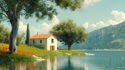 Fototapeta premium A Secluded White House on a Tranquil Lake With Green Hills in the Background on a Sunny Day