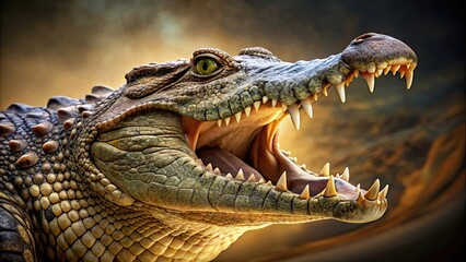 Obraz premium Crocodile with a fearsome face roaring like prehistoric dinosaurs, crocodile, faceroaring, prehistoric, animals, reptile