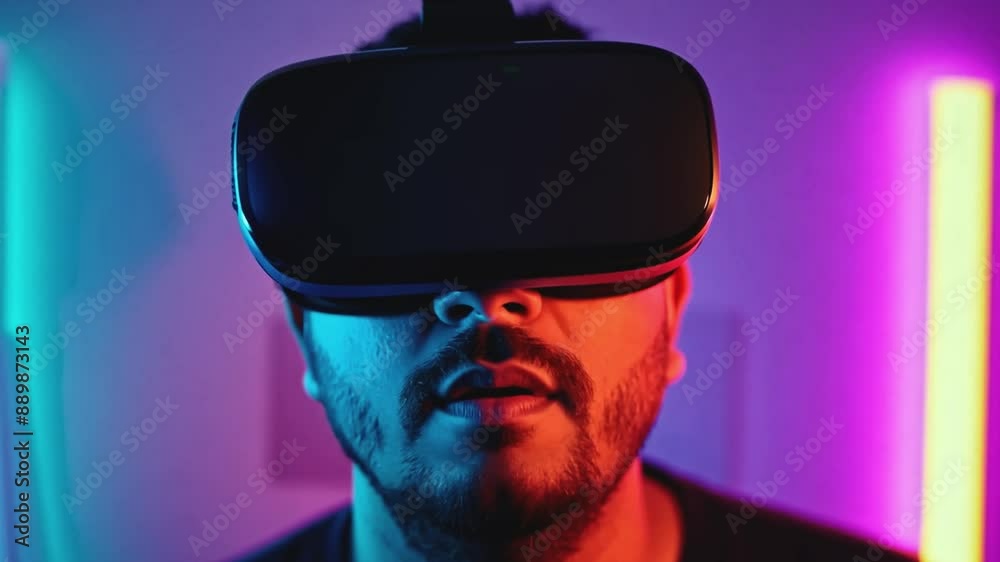Poster a man with a beard wearing a virtual reality headset looks up into a room illuminated by neon lights