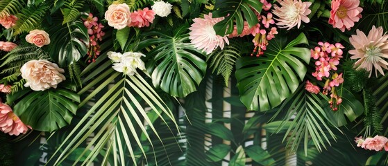 Vibrant Floral Paradise: A Lush Tapestry of Pink Blossoms and Tropical Foliage