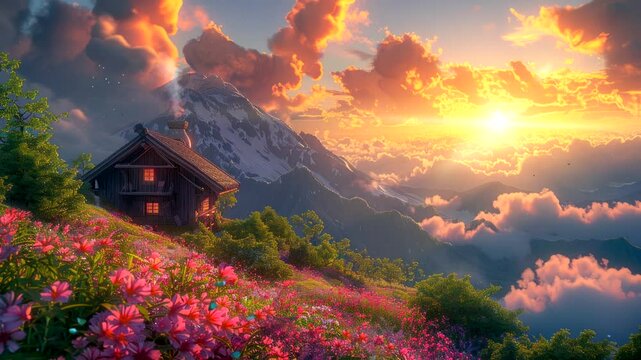 Charming cottage on a hill at sunset surrounded by autumn foliage. Autumn tranquility concept