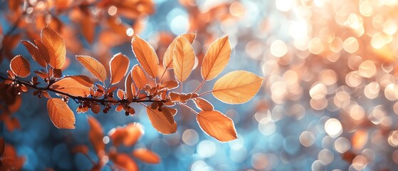 Delicate orange autumn leaves in focus with a beautiful bokeh light background, symbolizing seasonal change
