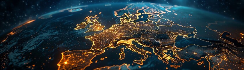 Digital map of Europe glowing with connections and nodes, symbolizing internet and communication networks