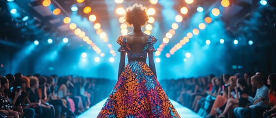 Fashion model walking on the runway in a lively dress during a fashion show event