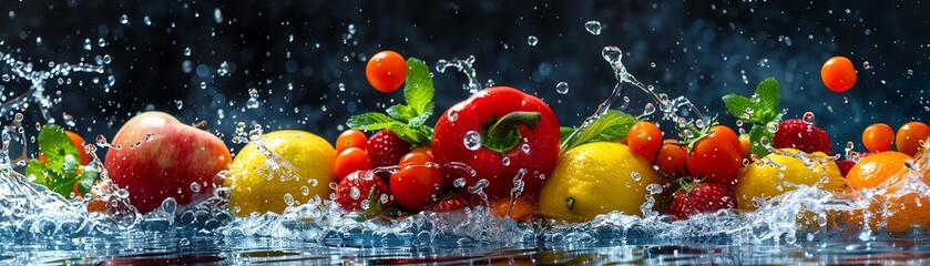 Fresh fruits and vegetables splashing into water, dark background © Creative_Bringer