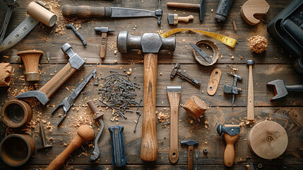 Assorted hand tools neatly arranged on rustic wooden surface