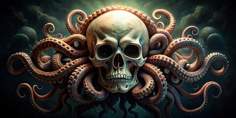 Fototapeta premium Creepy skull engulfed in octopus tentacles, perfect for horror or Halloween designs, skull, octopus, tentacles, spine-chilling
