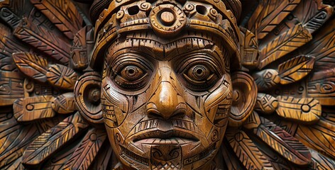 Intricate Aztec wooden carving, detailed and symmetrical
