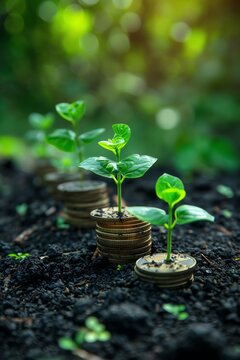 Growing coins with plants, financial growth concept, green background