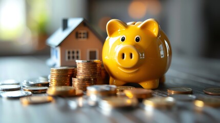 Yellow piggy bank alongside stacked coins and a miniature house, symbolizing personal savings and home investment