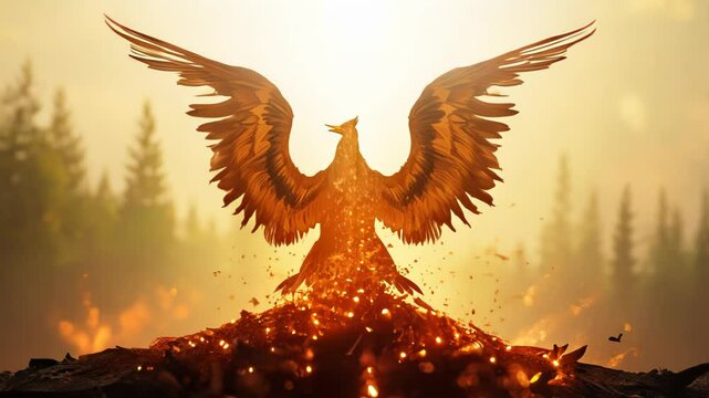 Majestic phoenix emerges from fiery ashes, wings spread wide. Glowing embers and sparks swirl around its form, illuminating golden-red plumage against misty forest backdrop.	
