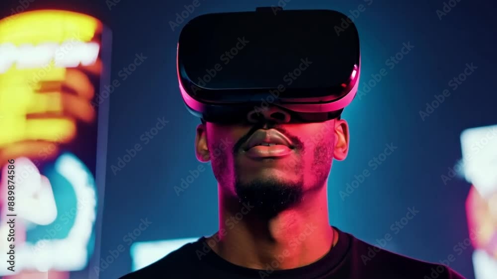 Poster a man wearing a virtual reality headset stands in an urban setting, illuminated by colorful lights.