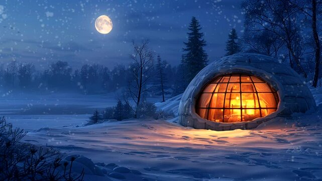 Cozy igloo in a snowy forest at night with warm light glowing. Winter serenity concept