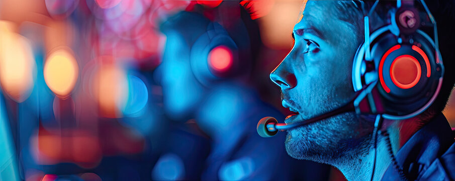 Focused gamers wearing headsets in a vibrant gaming environment, engaging in an immersive online video game experience.