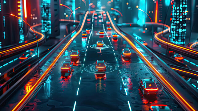 Futuristic cityscape with autonomous cars on illuminated highways, showcasing advanced technology and smart transportation.