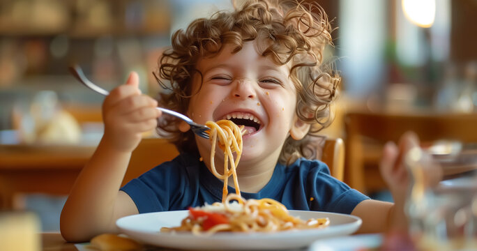 Naklejki Cute little kid boy eating spaghetti bolognese or pasta macaroni bolognese at home. Happy child eating fresh cooked healthy meal with noodles. Generative Ai.