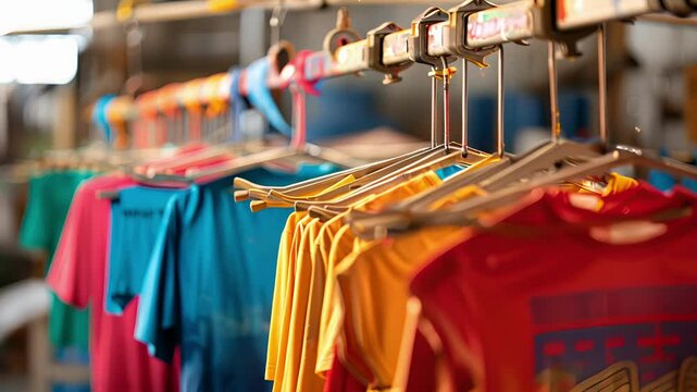 The screen printing drying rack with colorful tshirts hanging to dry after being printed.