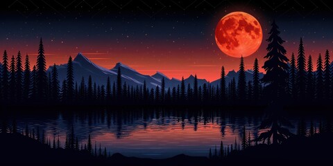 Stunning Red Moon Reflecting Over Serene Lake in a Forested Mountain Landscape at Night Under a Starry Sky