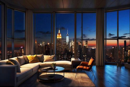 Luxurious lounge in an apartment overlooking the nighttime skyline of New York through a large window.