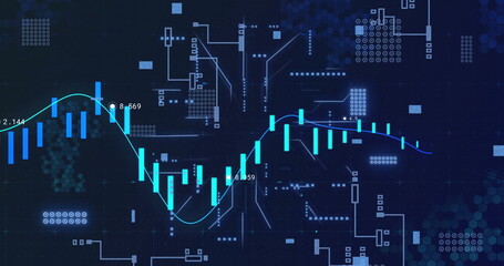 Image of financial data processing over circuit board background