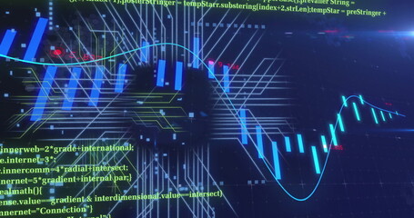 Image of financial data processing over circuit board background
