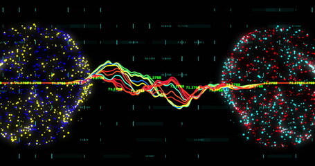 Image of financial data processing and globes with connections over black background