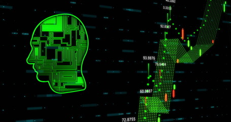 Image of financial data processing over circuit board head on black background