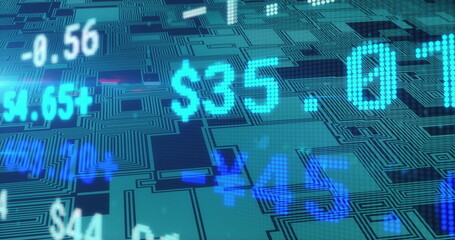 Image of financial data processing over circuit board background