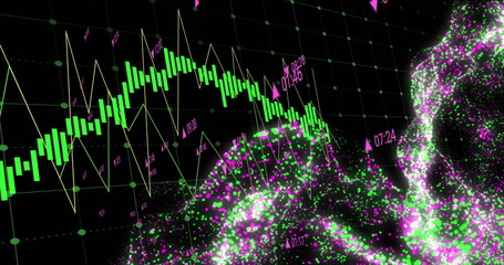 Image of financial data processing and connections over black background