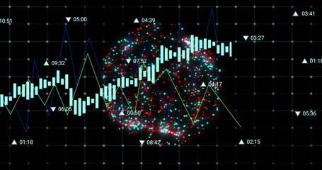 Image of financial data processing and globe with connections over black background