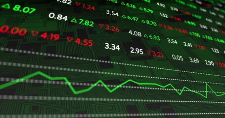 Image of financial data processing over circuit board on black background