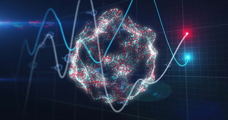 Image of financial data processing and globe with connections over black background