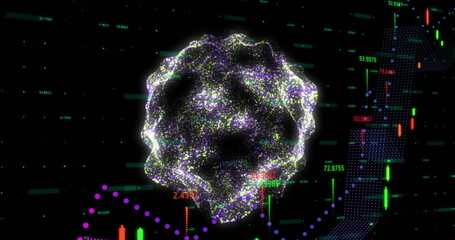 Image of financial data processing and globe with connections over black background