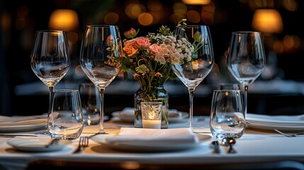 Elegant table setting at a high-end restaurant with a mockup of a menu invitation card for weddings and romantic events, featuring a wide banner with blank black space for customization.