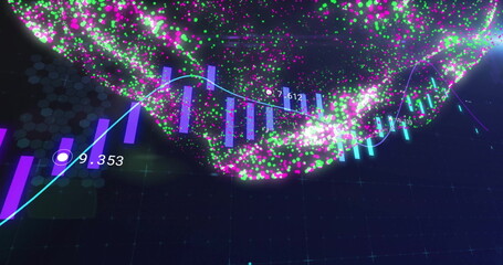 Image of financial data processing and globe with connections over black background