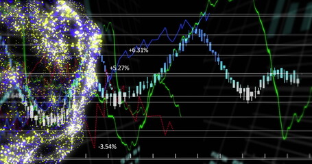 Image of financial data processing and globe with connections over black background