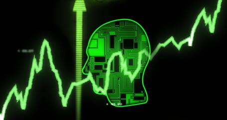 Image of financial data processing over circuit board head on black background