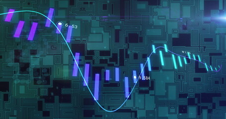 Image of financial data processing over circuit board background