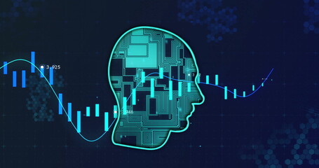 Image of financial data processing over circuit board head on black background