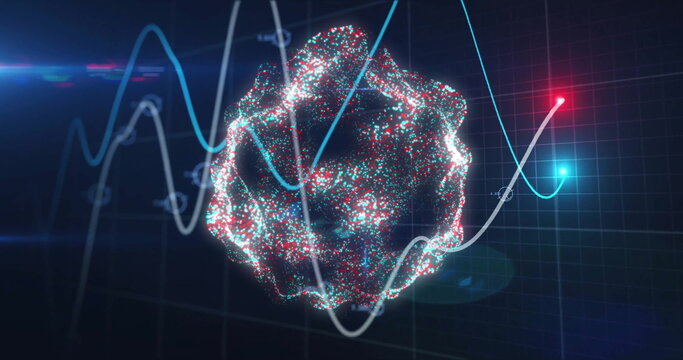 Image of financial data processing and globe with connections over black background