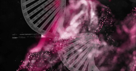 DNA strand and particles image over pink and black background