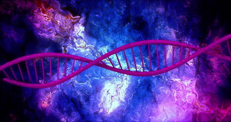 DNA strand and neural network image over abstract colorful background