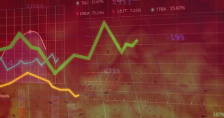 Image of financial data processing over flames