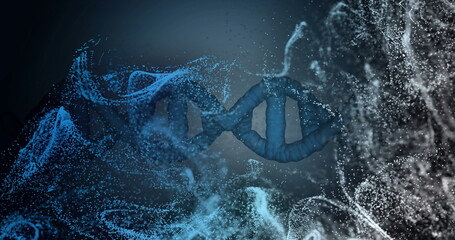 DNA strand and particles image over dark blue background